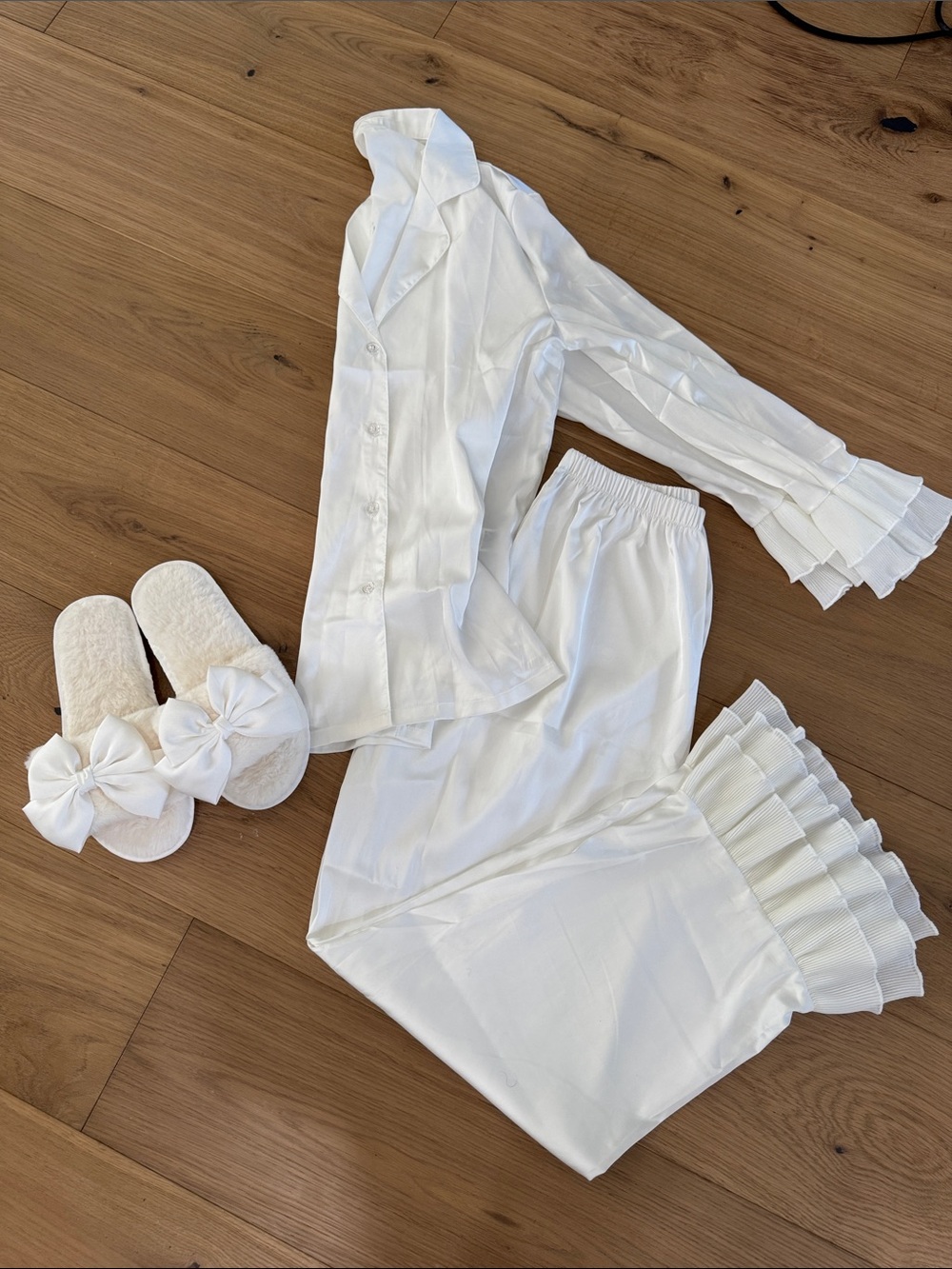 SHEIN White Ruffle Trim Satin Pajama Set with Bow Slippers
